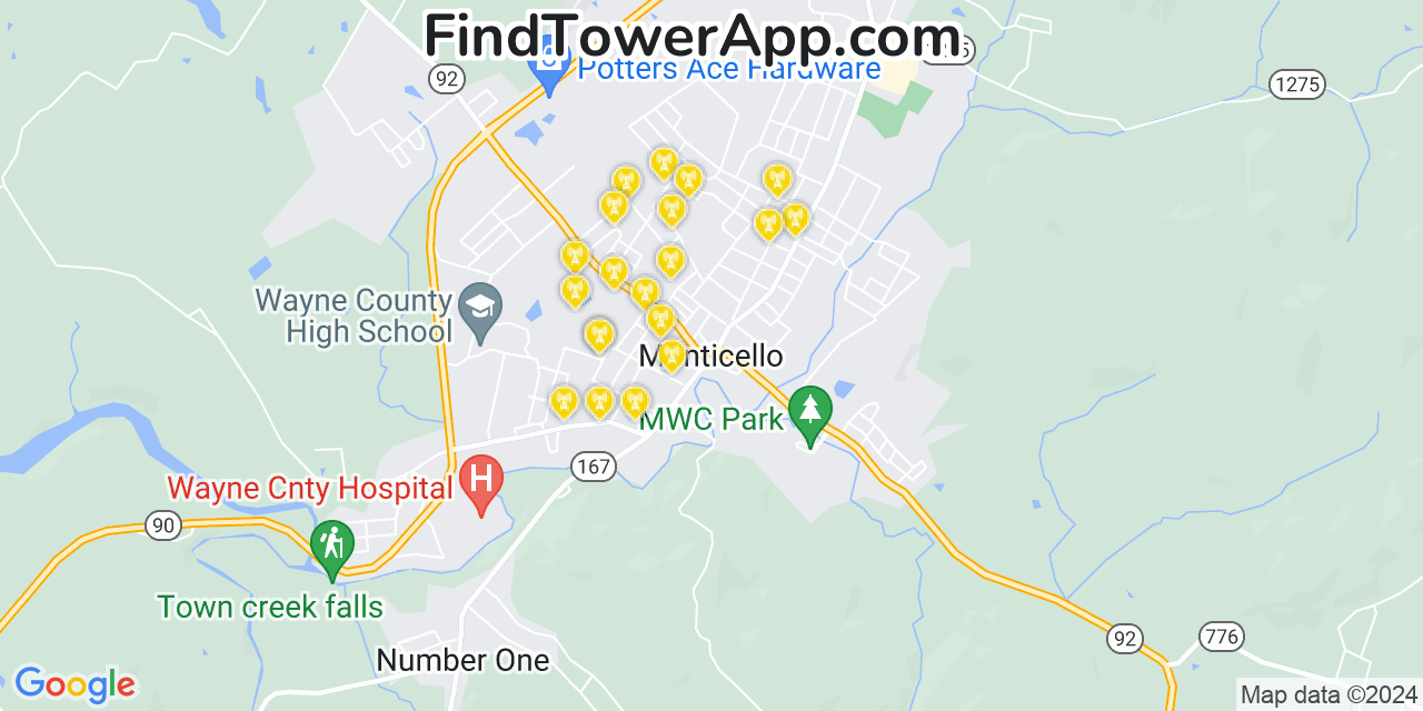 AT&T 4G/5G cell tower coverage map Monticello, Kentucky