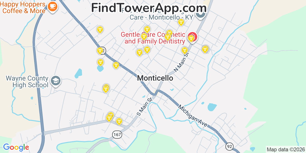 Map showing the 20 primary cell tower locations detected in Monticello, Kentucky from AT&T, Verizon, and T-Mobile networks