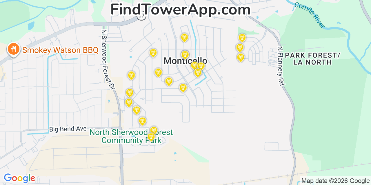 Map showing the 20 primary cell tower locations detected in Monticello, Louisiana from AT&T, Verizon, and T-Mobile networks
