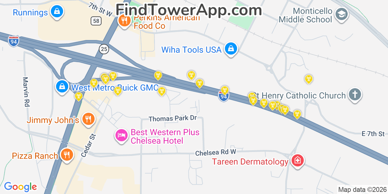 Map showing the 20 primary cell tower locations detected in Monticello, Minnesota from AT&T, Verizon, and T-Mobile networks