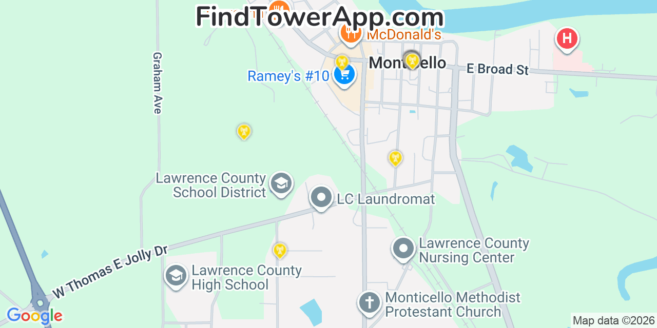 Map showing the 20 primary cell tower locations detected in Monticello, Mississippi from AT&T, Verizon, and T-Mobile networks