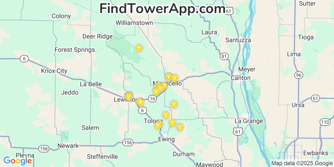 Map showing the 20 primary cell tower locations detected in Monticello, Missouri from AT&T, Verizon, and T-Mobile networks