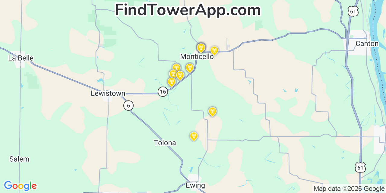 Map showing the 20 primary cell tower locations detected in Monticello, Missouri from AT&T, Verizon, and T-Mobile networks