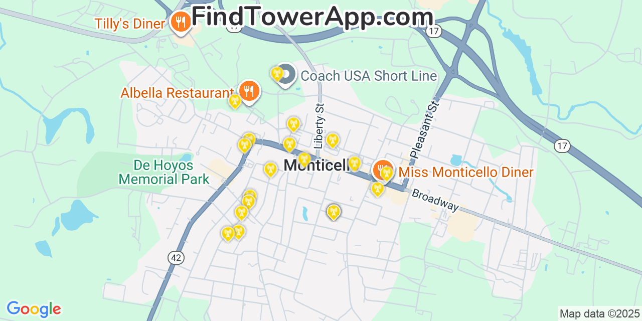 Map showing the 20 primary cell tower locations detected in Monticello, New York from AT&T, Verizon, and T-Mobile networks