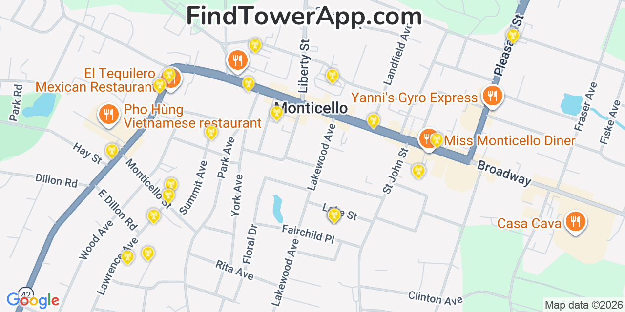 Map showing the 20 primary cell tower locations detected in Monticello, New York from AT&T, Verizon, and T-Mobile networks