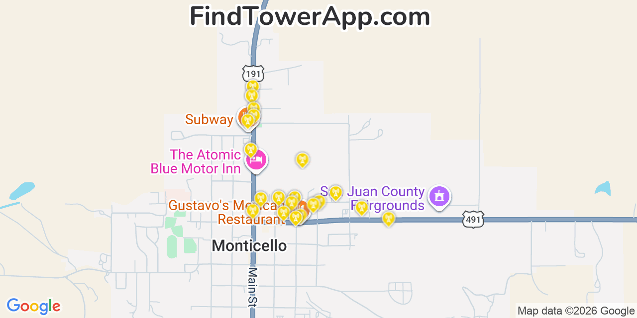 Map showing the 20 primary cell tower locations detected in Monticello, Utah from AT&T, Verizon, and T-Mobile networks