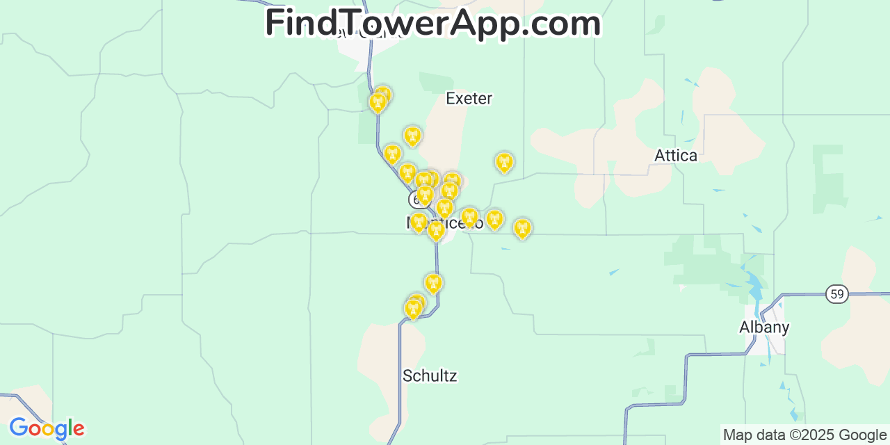 Map showing the 20 primary cell tower locations detected in Monticello, Wisconsin from AT&T, Verizon, and T-Mobile networks