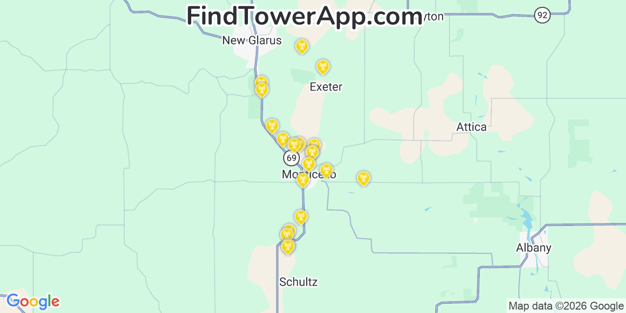 Map showing the 20 primary cell tower locations detected in Monticello, Wisconsin from AT&T, Verizon, and T-Mobile networks