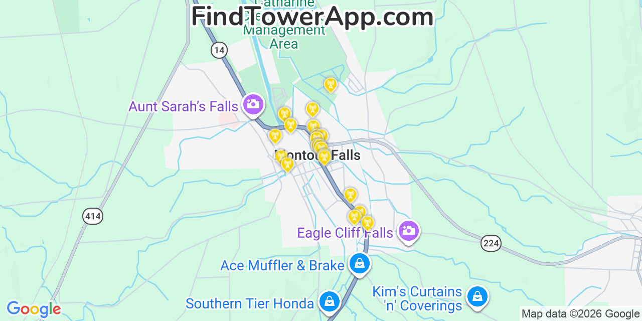 Map showing the 20 primary cell tower locations detected in Montour Falls, New York from AT&T, Verizon, and T-Mobile networks