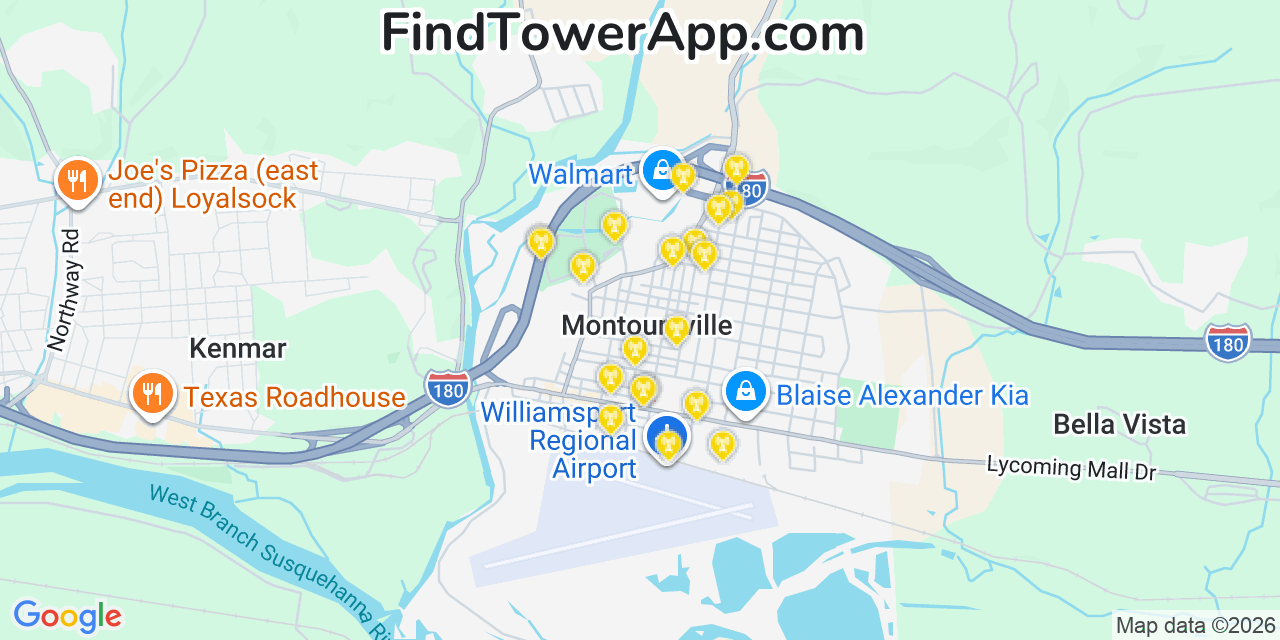 Map showing the 20 primary cell tower locations detected in Montoursville, Pennsylvania from AT&T, Verizon, and T-Mobile networks