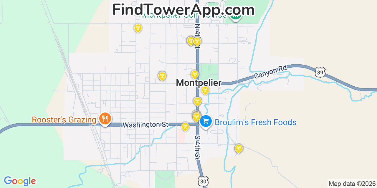 Map showing the 20 primary cell tower locations detected in Montpelier, Idaho from AT&T, Verizon, and T-Mobile networks