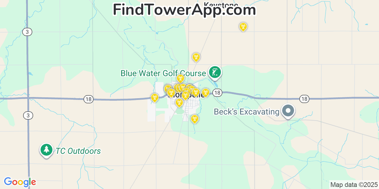 Map showing the 20 primary cell tower locations detected in Montpelier, Indiana from AT&T, Verizon, and T-Mobile networks