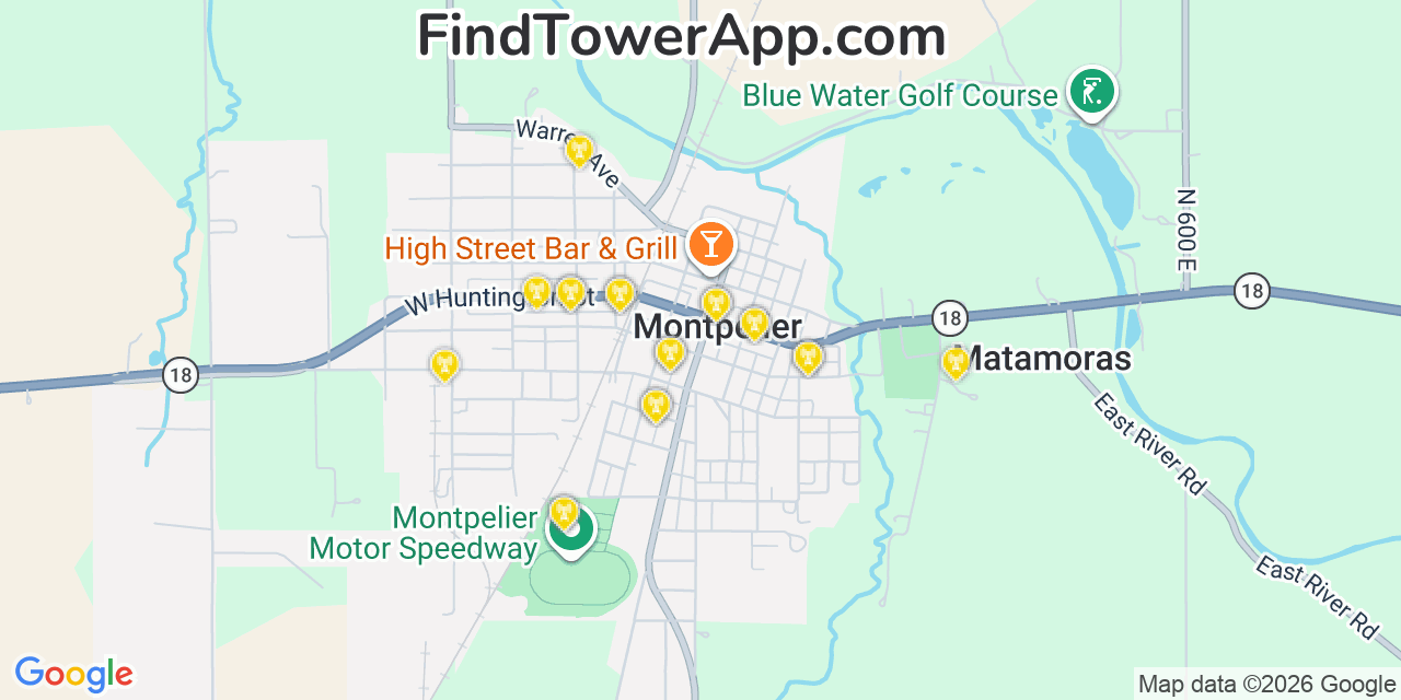 Map showing the 20 primary cell tower locations detected in Montpelier, Indiana from AT&T, Verizon, and T-Mobile networks