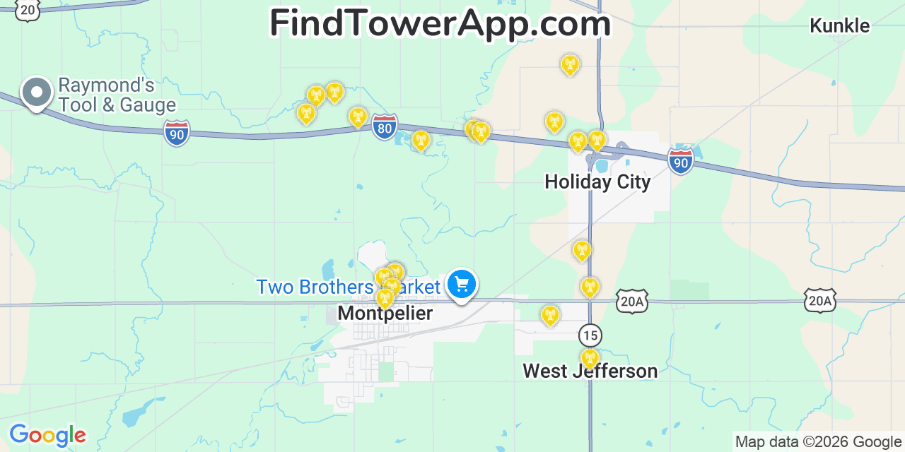 Map showing the 20 primary cell tower locations detected in Montpelier, Ohio from AT&T, Verizon, and T-Mobile networks