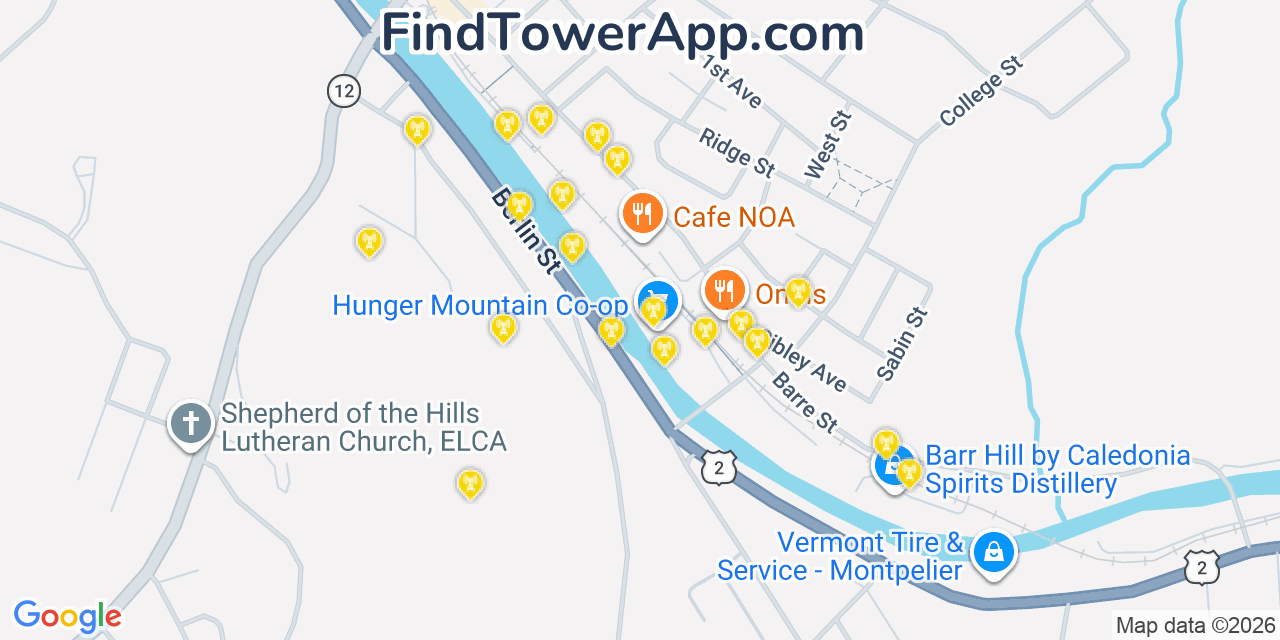 Map showing the 20 primary cell tower locations detected in Montpelier, Vermont from AT&T, Verizon, and T-Mobile networks
