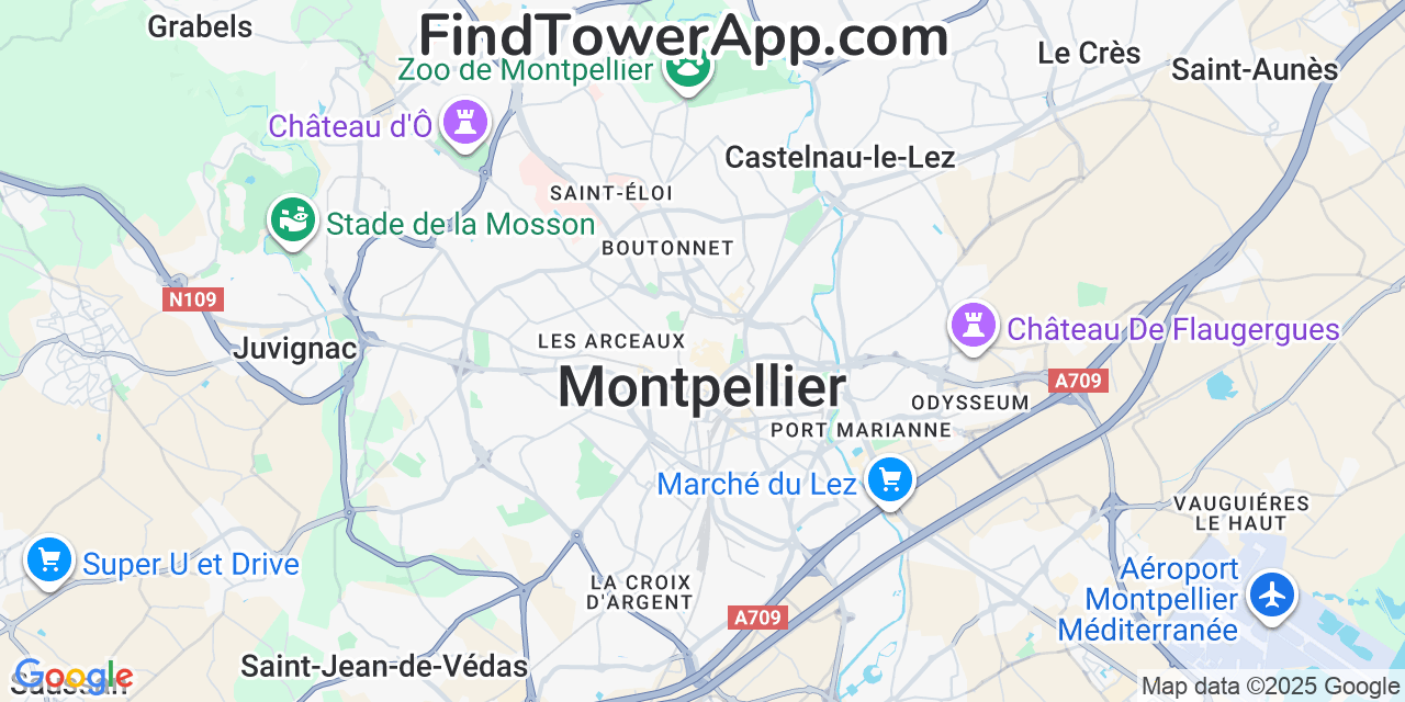 Map showing the 0 primary Iliad cell tower locations detected in Montpellier, France with coverage radius and signal strength indicators
