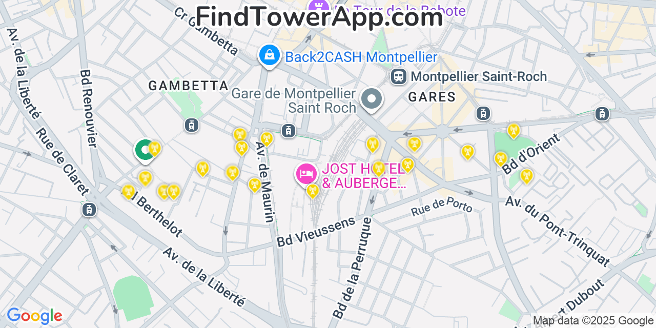 Map showing the 20 primary cell tower locations detected in Montpellier, France with coverage areas and signal strength