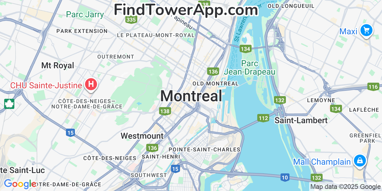 Map showing the 0 primary Bell-MTS cell tower locations detected in Montreal, Canada with coverage radius and signal strength indicators