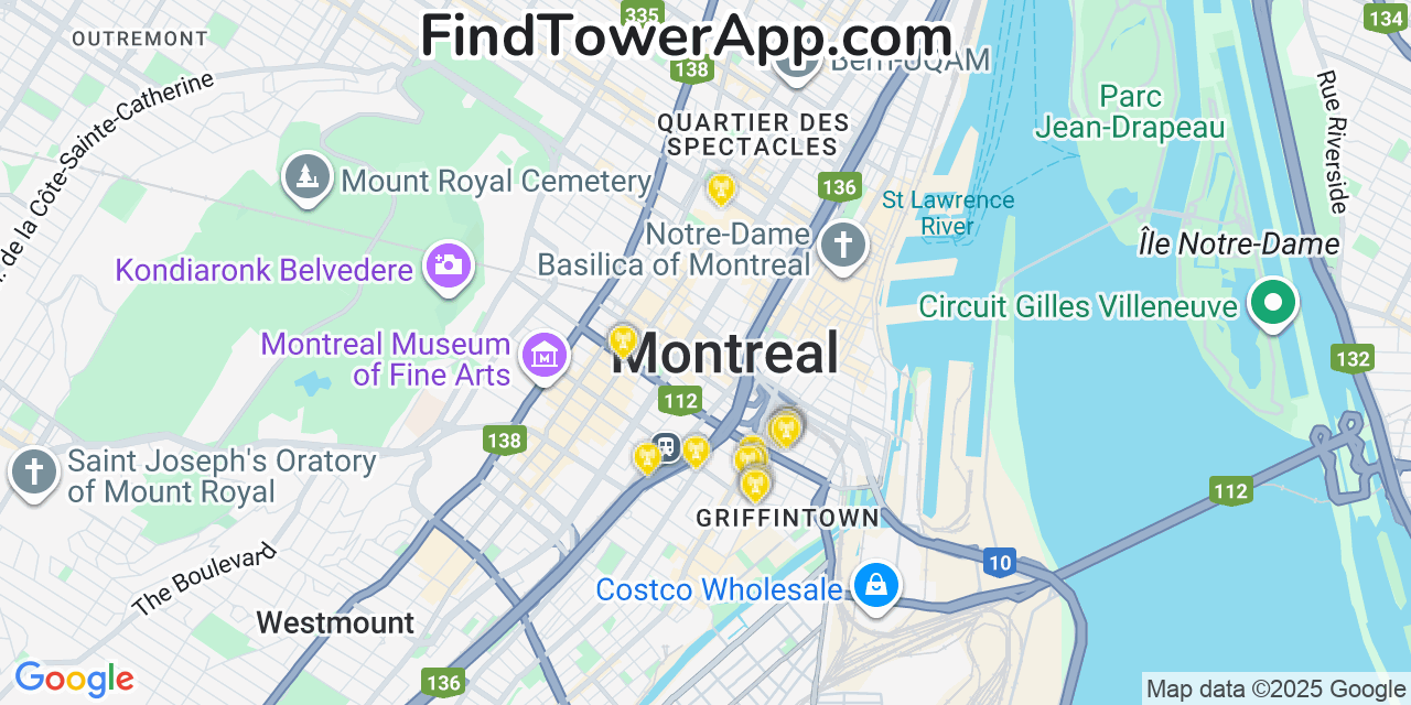 Map showing the 20 primary cell tower locations detected in Montreal, Canada with coverage areas and signal strength
