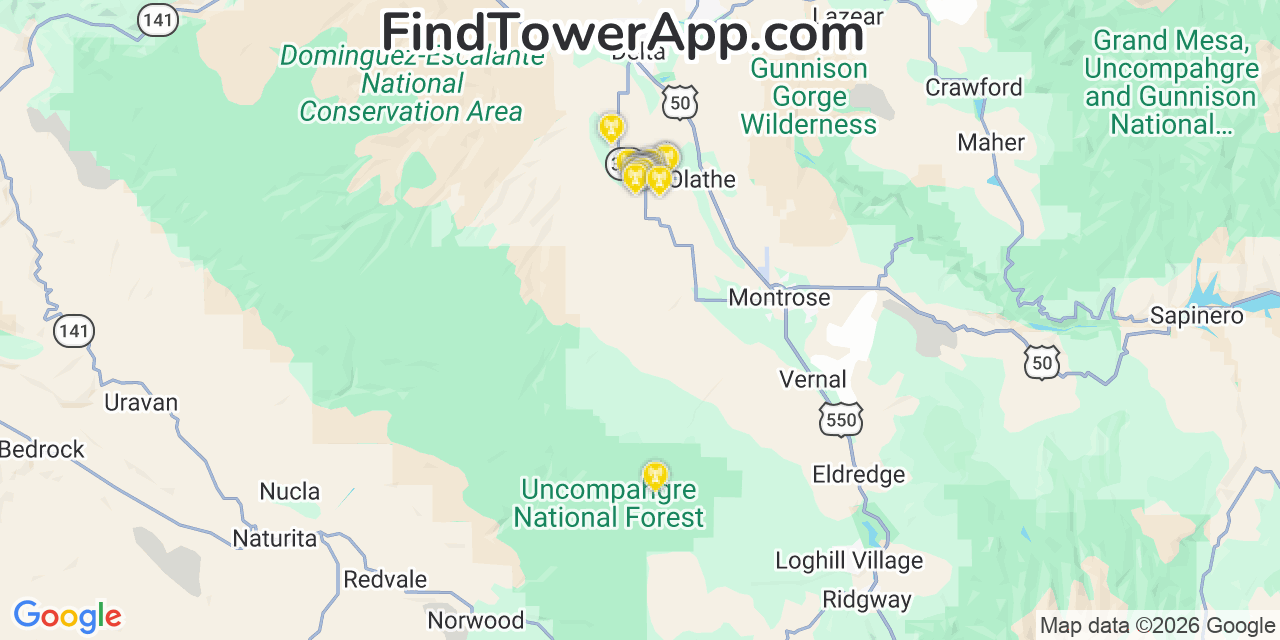 Map showing the 20 primary cell tower locations detected in Montrose, Colorado from AT&T, Verizon, and T-Mobile networks