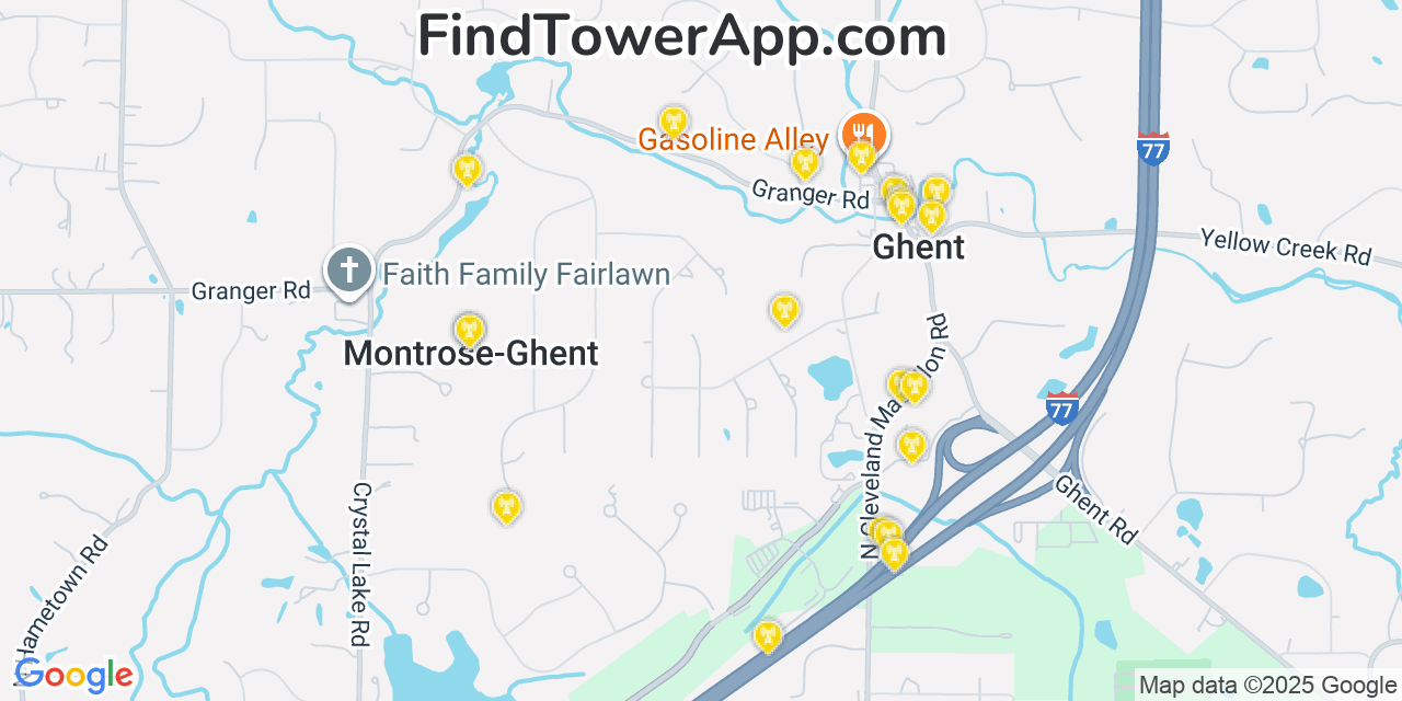 Map showing the 20 primary cell tower locations detected in Montrose-Ghent, Ohio from AT&T, Verizon, and T-Mobile networks