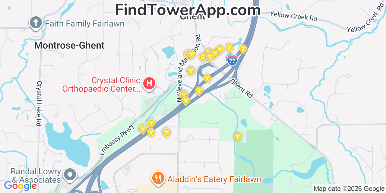 Map showing the 20 primary cell tower locations detected in Montrose Ghent, Ohio from AT&T, Verizon, and T-Mobile networks