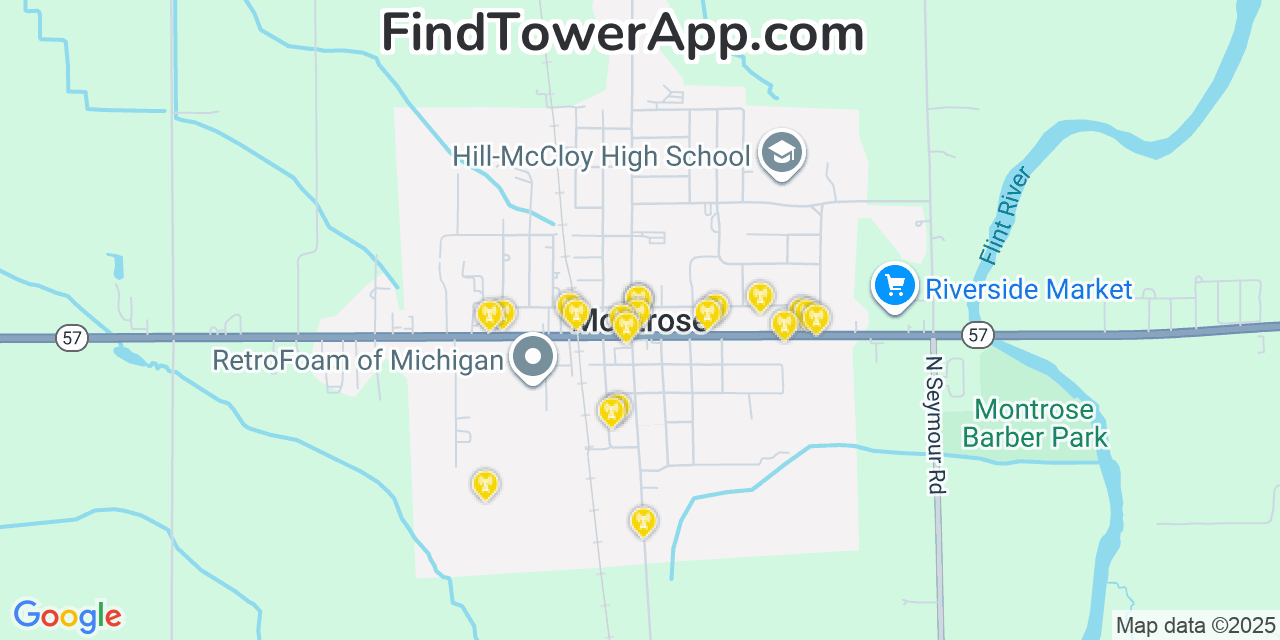 Map showing the 20 primary cell tower locations detected in Montrose, Michigan from AT&T, Verizon, and T-Mobile networks