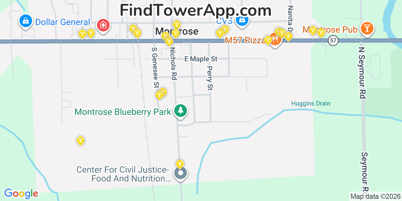 Map showing the 20 primary cell tower locations detected in Montrose, Michigan from AT&T, Verizon, and T-Mobile networks