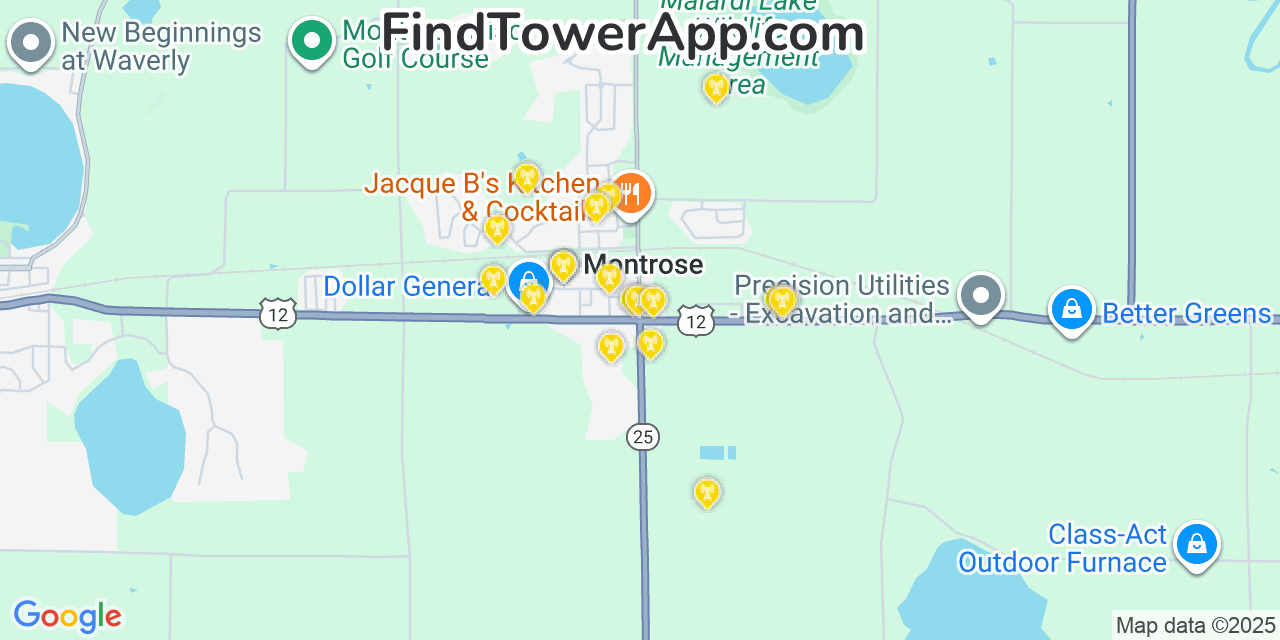 Map showing the 20 primary cell tower locations detected in Montrose, Minnesota from AT&T, Verizon, and T-Mobile networks