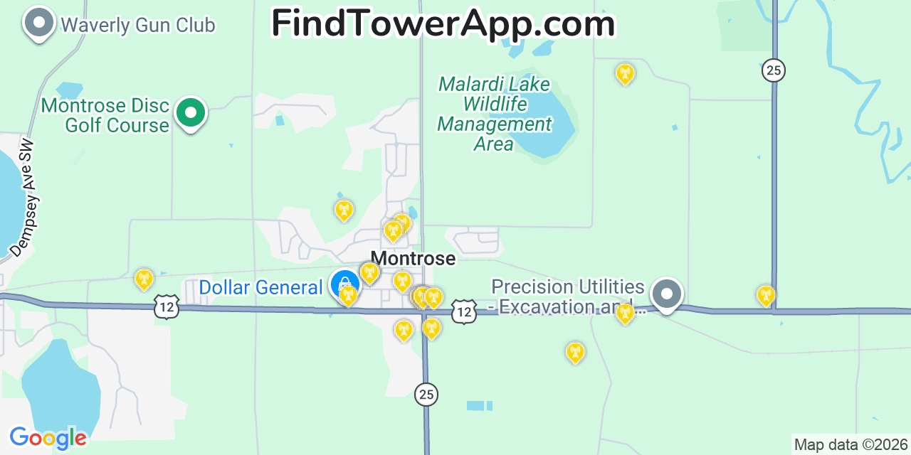 Map showing the 20 primary cell tower locations detected in Montrose, Minnesota from AT&T, Verizon, and T-Mobile networks