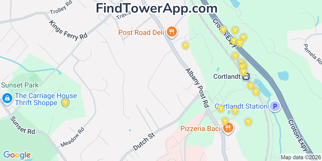 Map showing the 20 primary cell tower locations detected in Montrose, New York from AT&T, Verizon, and T-Mobile networks