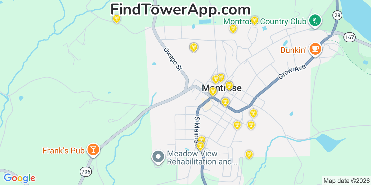 Map showing the 20 primary cell tower locations detected in Montrose, Pennsylvania from AT&T, Verizon, and T-Mobile networks