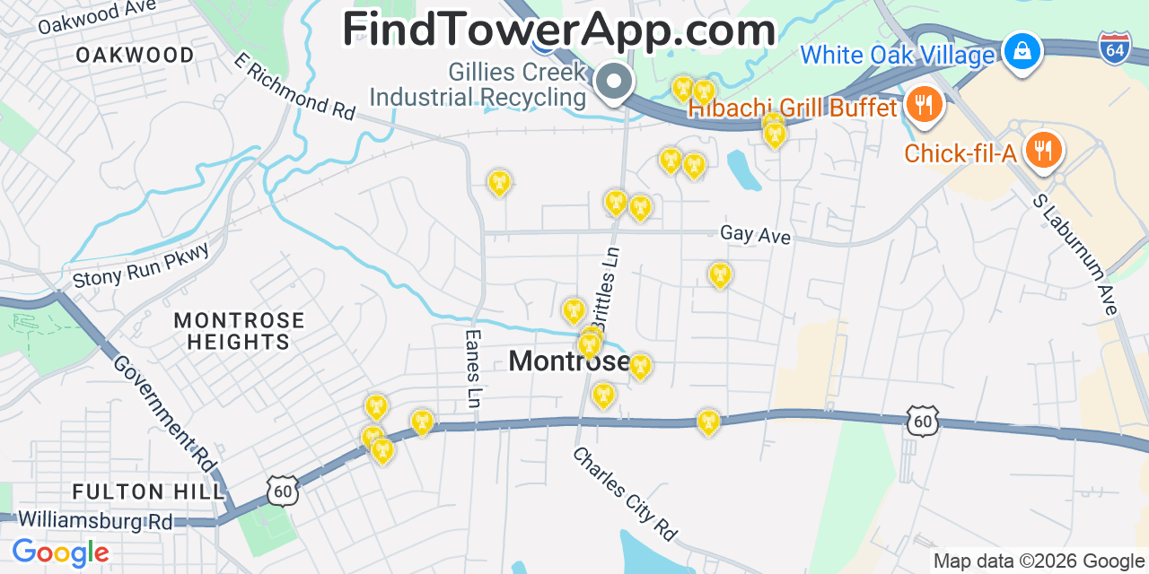 Map showing the 20 primary cell tower locations detected in Montrose, Virginia from AT&T, Verizon, and T-Mobile networks