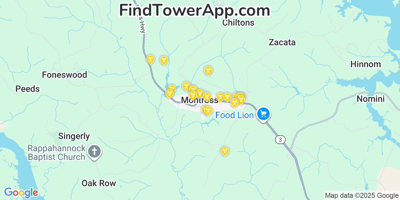 Map showing the 20 primary cell tower locations detected in Montross, Virginia from AT&T, Verizon, and T-Mobile networks