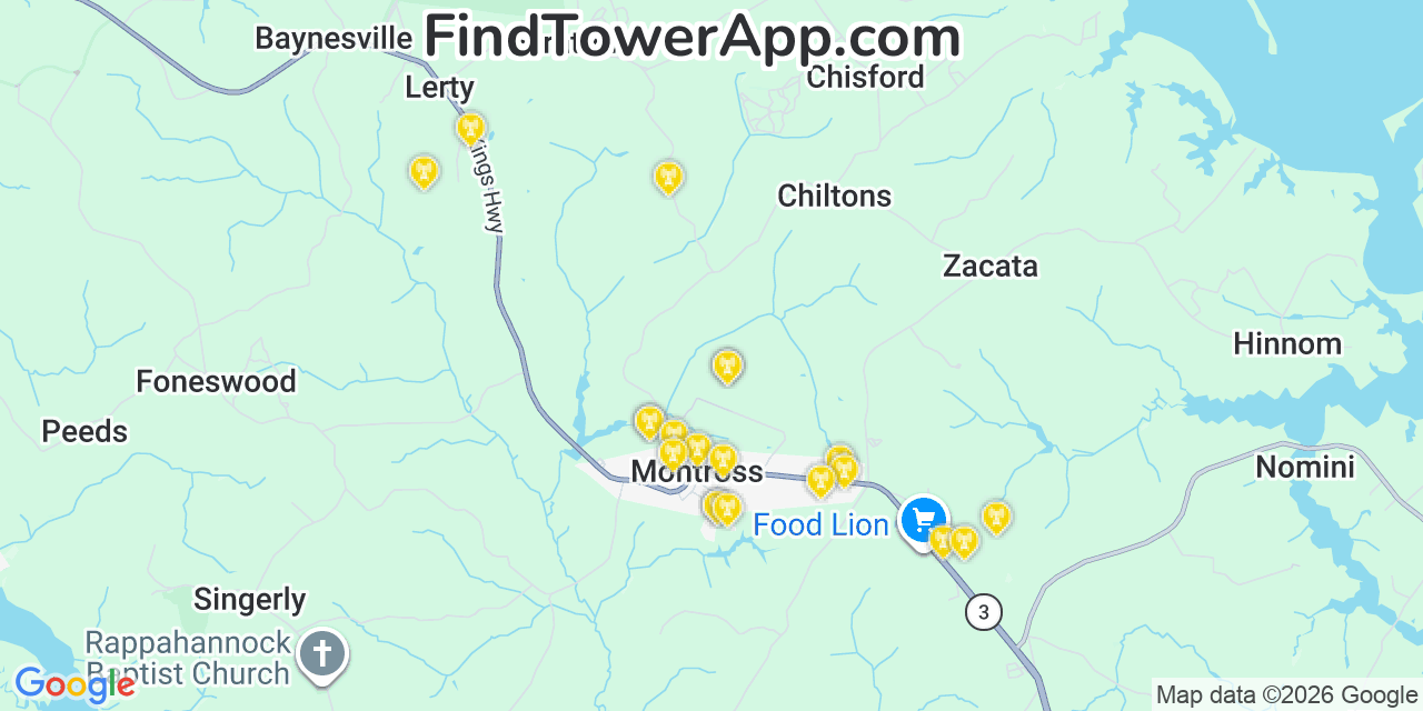 Map showing the 20 primary cell tower locations detected in Montross, Virginia from AT&T, Verizon, and T-Mobile networks