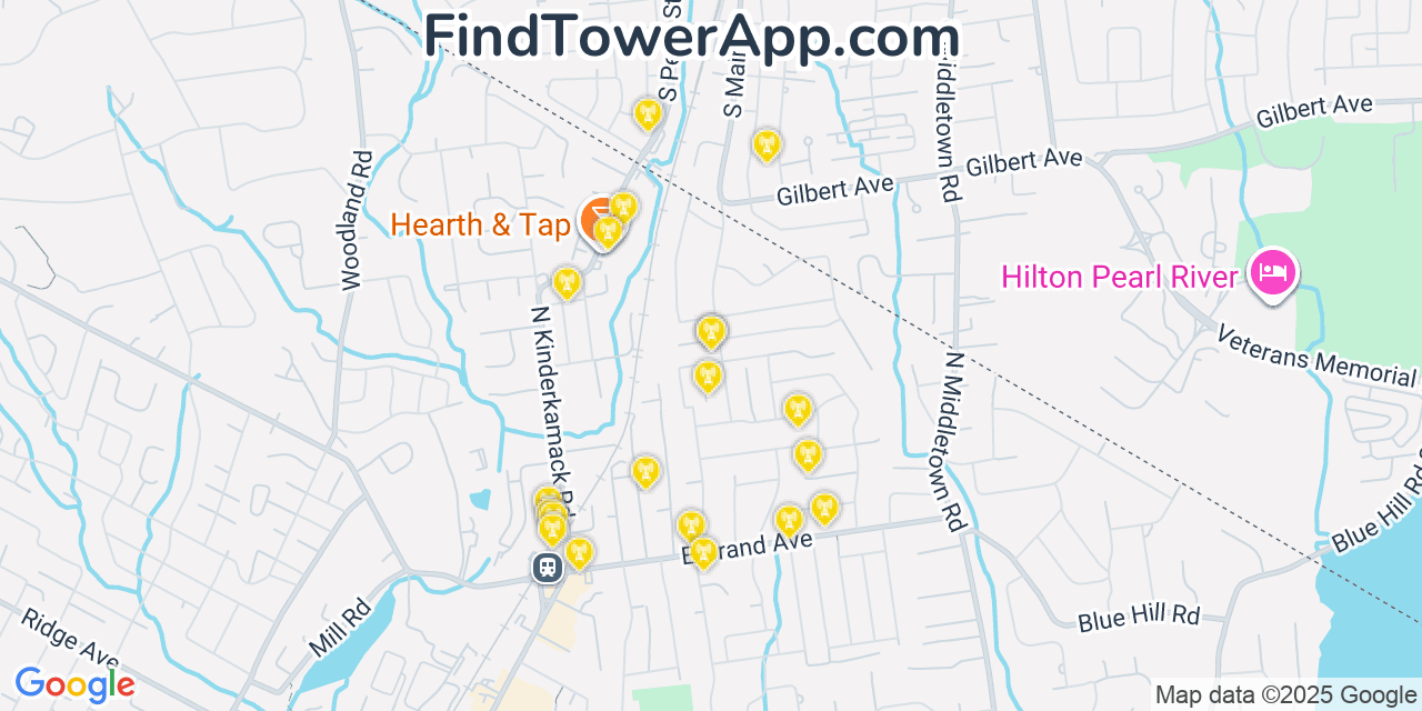 Map showing the 20 primary cell tower locations detected in Montvale, New Jersey from AT&T, Verizon, and T-Mobile networks