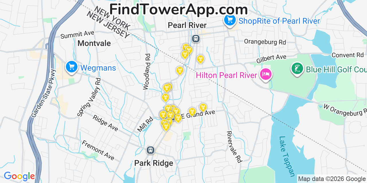 Map showing the 20 primary cell tower locations detected in Montvale, New Jersey from AT&T, Verizon, and T-Mobile networks