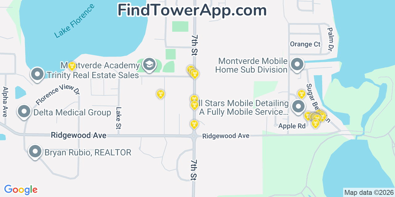 Map showing the 20 primary cell tower locations detected in Montverde, Florida from AT&T, Verizon, and T-Mobile networks