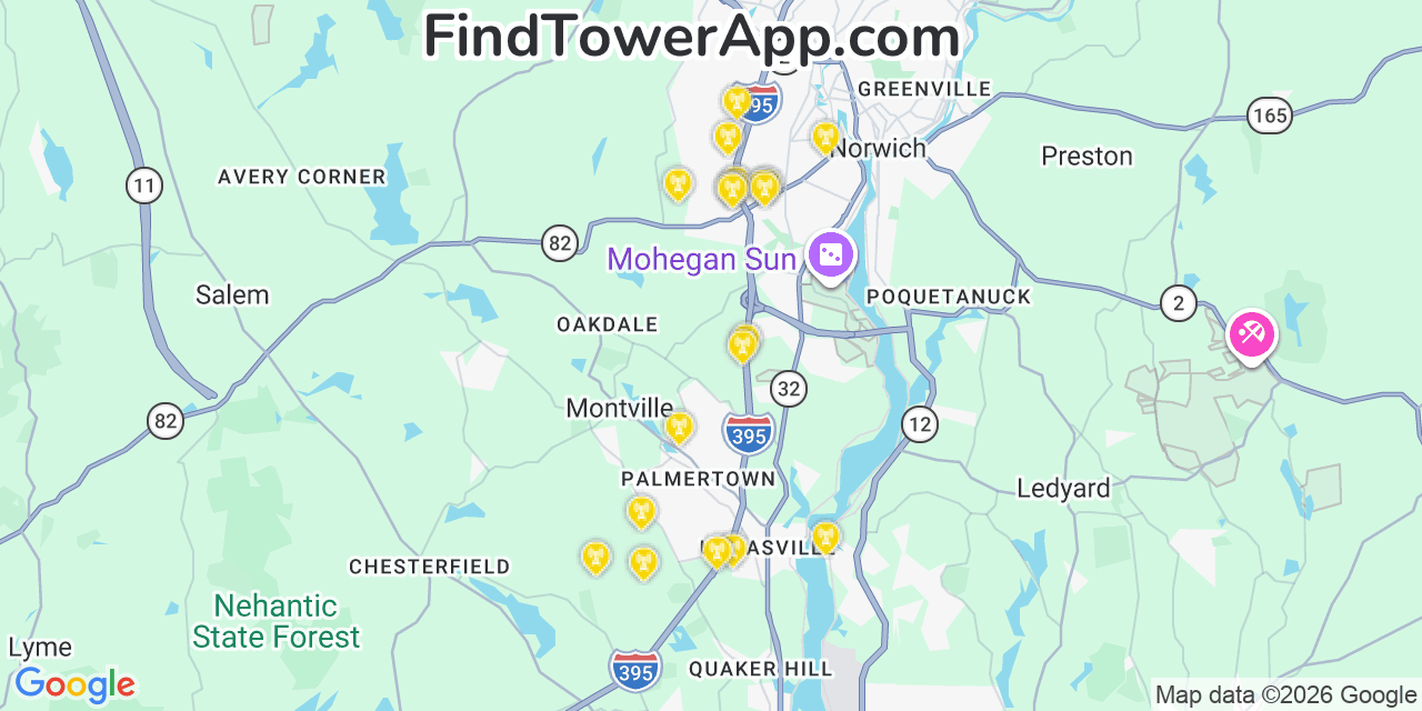 Map showing the 20 primary cell tower locations detected in Montville Center, Connecticut from AT&T, Verizon, and T-Mobile networks