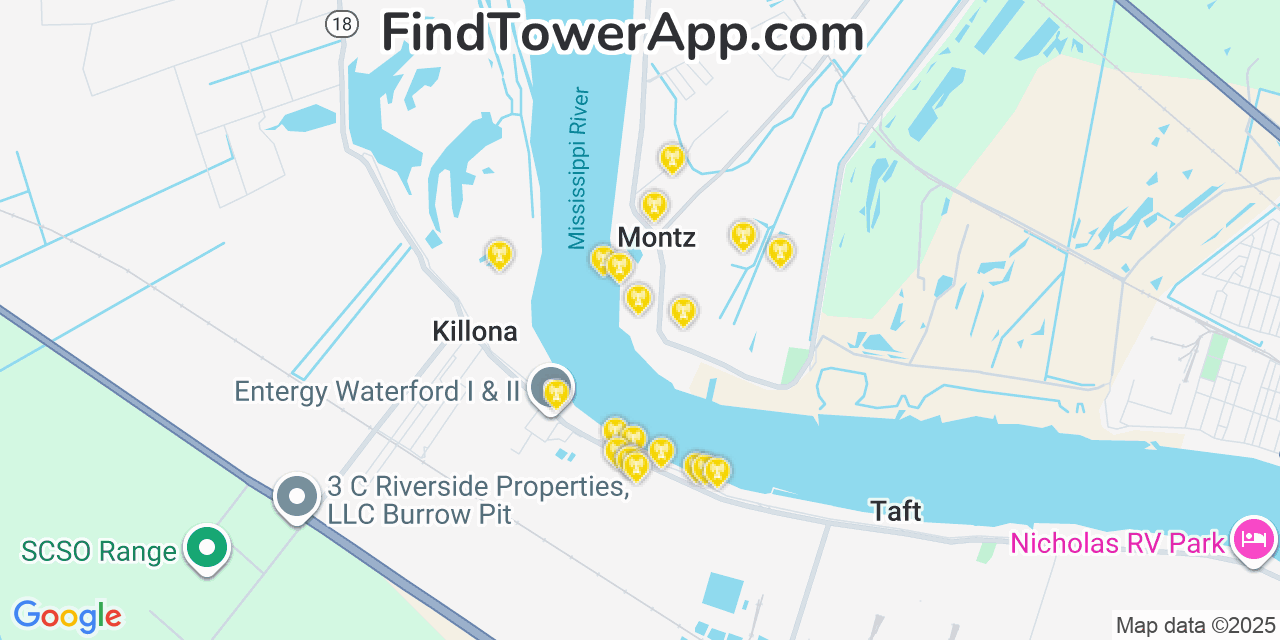 Map showing the 20 primary cell tower locations detected in Montz, Louisiana from AT&T, Verizon, and T-Mobile networks