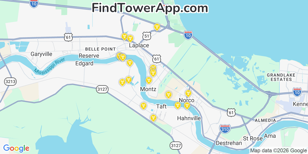 Map showing the 20 primary cell tower locations detected in Montz, Louisiana from AT&T, Verizon, and T-Mobile networks