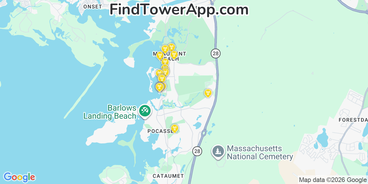 Map showing the 20 primary cell tower locations detected in Monument Beach, Massachusetts from AT&T, Verizon, and T-Mobile networks