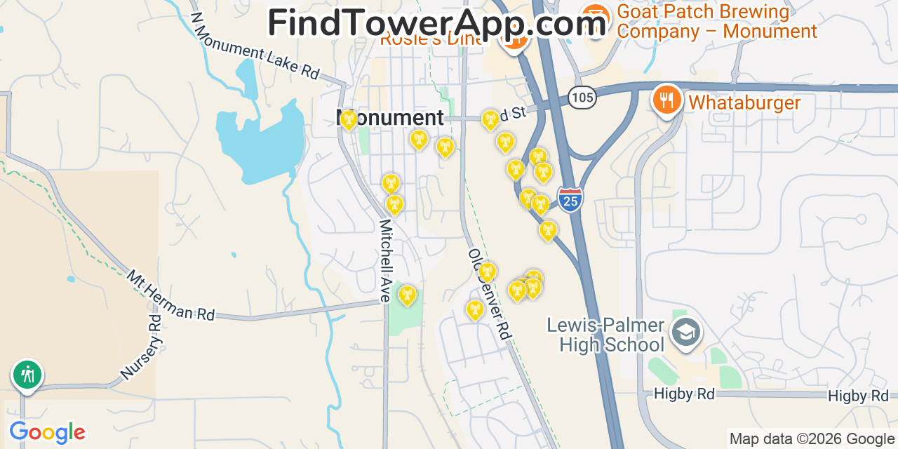 Map showing the 20 primary cell tower locations detected in Monument, Colorado from AT&T, Verizon, and T-Mobile networks