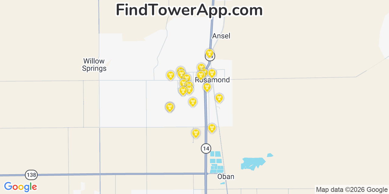 Map showing the 20 primary cell tower locations detected in Monument Hills, California from AT&T, Verizon, and T-Mobile networks