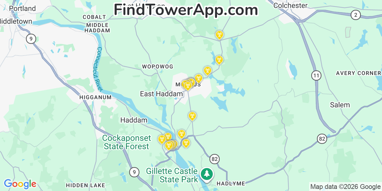 Map showing the 20 primary cell tower locations detected in Moodus, Connecticut from AT&T, Verizon, and T-Mobile networks