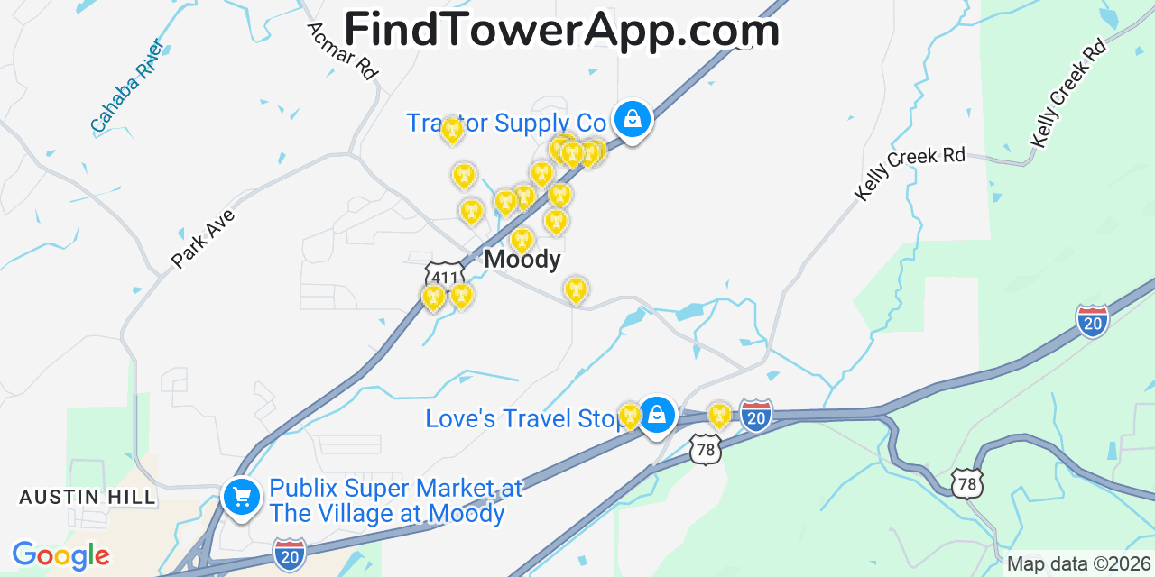 Map showing the 20 primary cell tower locations detected in Moody, Alabama from AT&T, Verizon, and T-Mobile networks