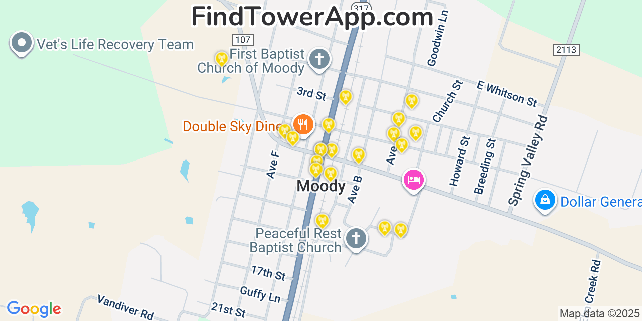 Map showing the 20 primary cell tower locations detected in Moody, Texas from AT&T, Verizon, and T-Mobile networks