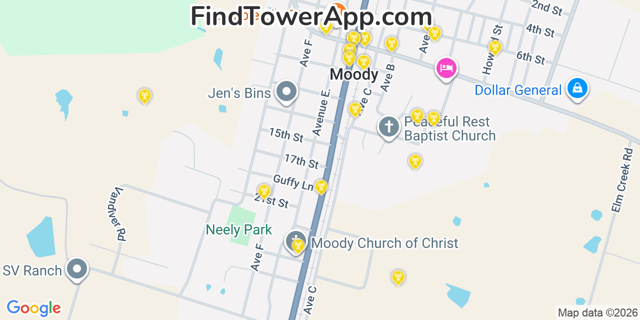 Map showing the 20 primary cell tower locations detected in Moody, Texas from AT&T, Verizon, and T-Mobile networks