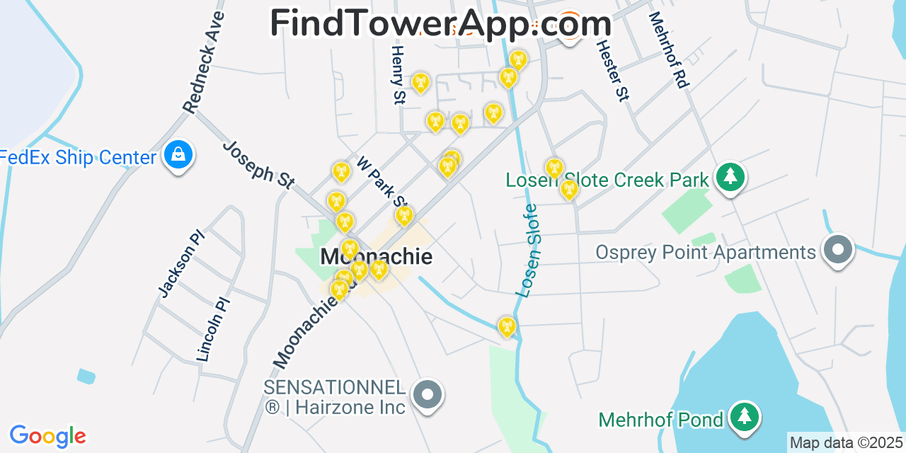 Map showing the 20 primary cell tower locations detected in Moonachie, New Jersey from AT&T, Verizon, and T-Mobile networks