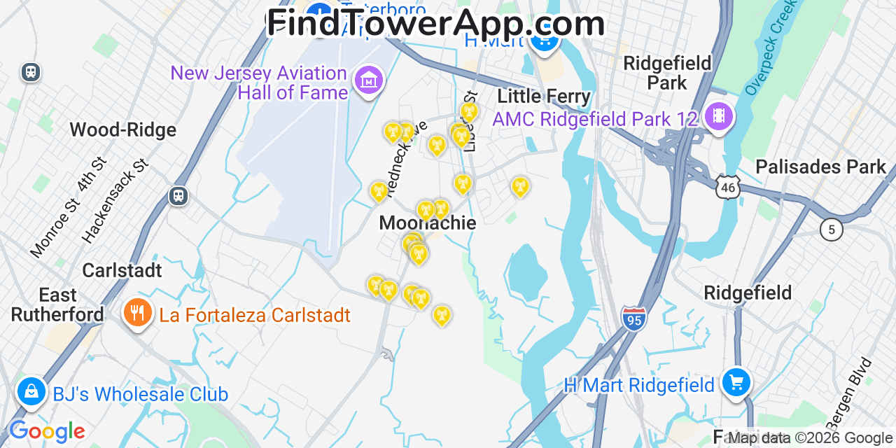 Map showing the 20 primary cell tower locations detected in Moonachie, New Jersey from AT&T, Verizon, and T-Mobile networks
